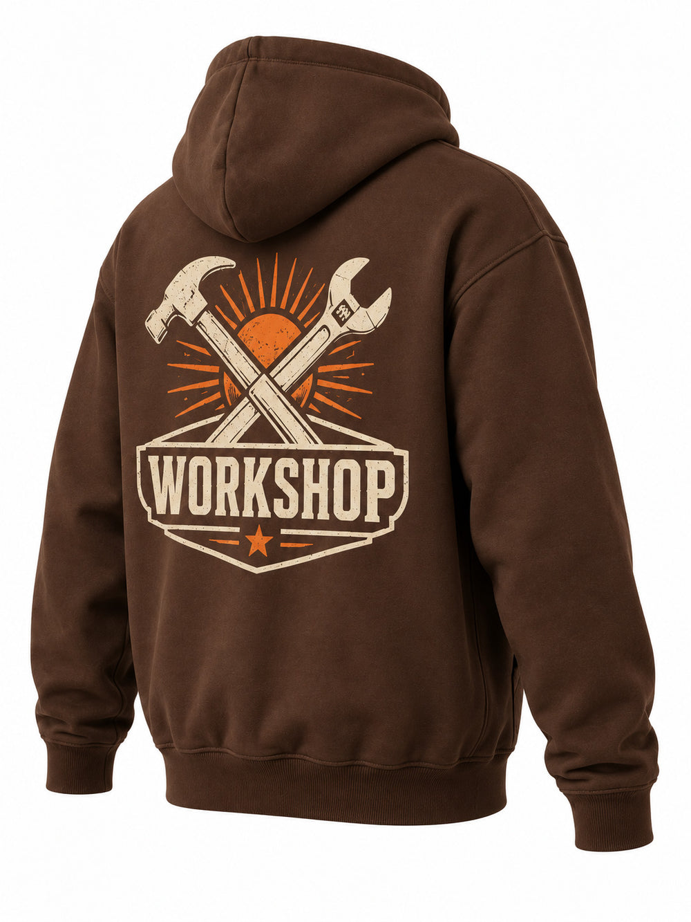 Rear three-quarter view of the Workshop brown screen print hoodie