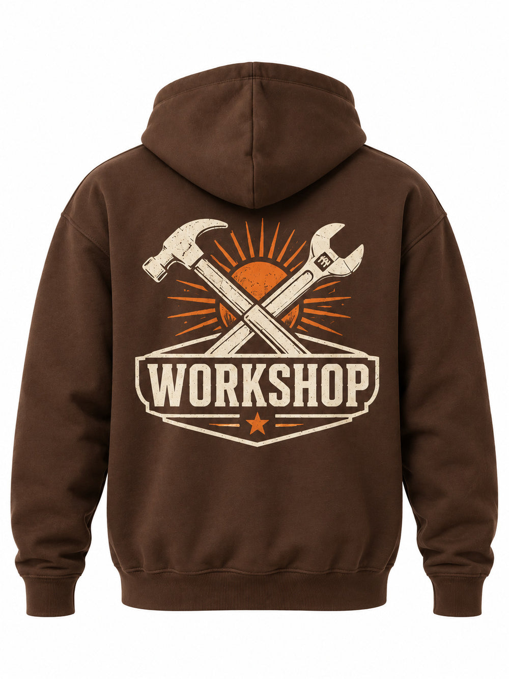 Back view of the Workshop brown screen print hoodie with large cream crossed tools with an orange sunburst and WORKSHOP lettering