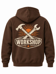 Back view of the Workshop brown screen print hoodie with large cream crossed tools with an orange sunburst and WORKSHOP lettering