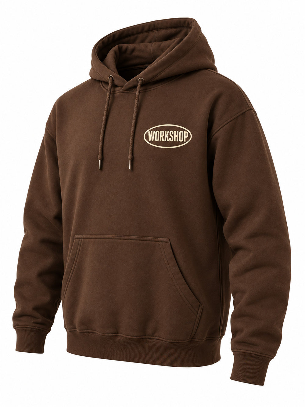 Front three-quarter view of the Workshop brown screen print hoodie
