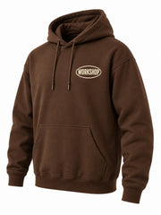 Front three-quarter view of the Workshop brown screen print hoodie
