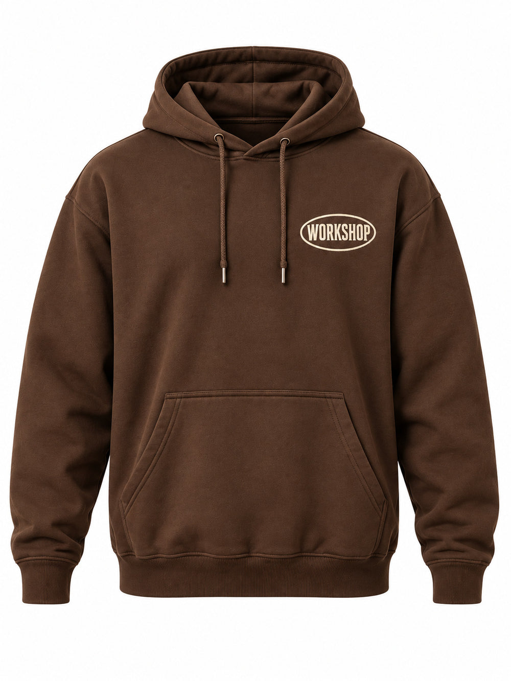 Front view of the Workshop brown screen print hoodie with cream oval WORKSHOP badge on the left chest