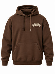 Front view of the Workshop brown screen print hoodie with cream oval WORKSHOP badge on the left chest