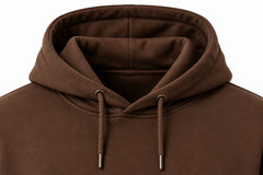 Close-up of the hood and neckline of the Workshop brown screen print hoodie