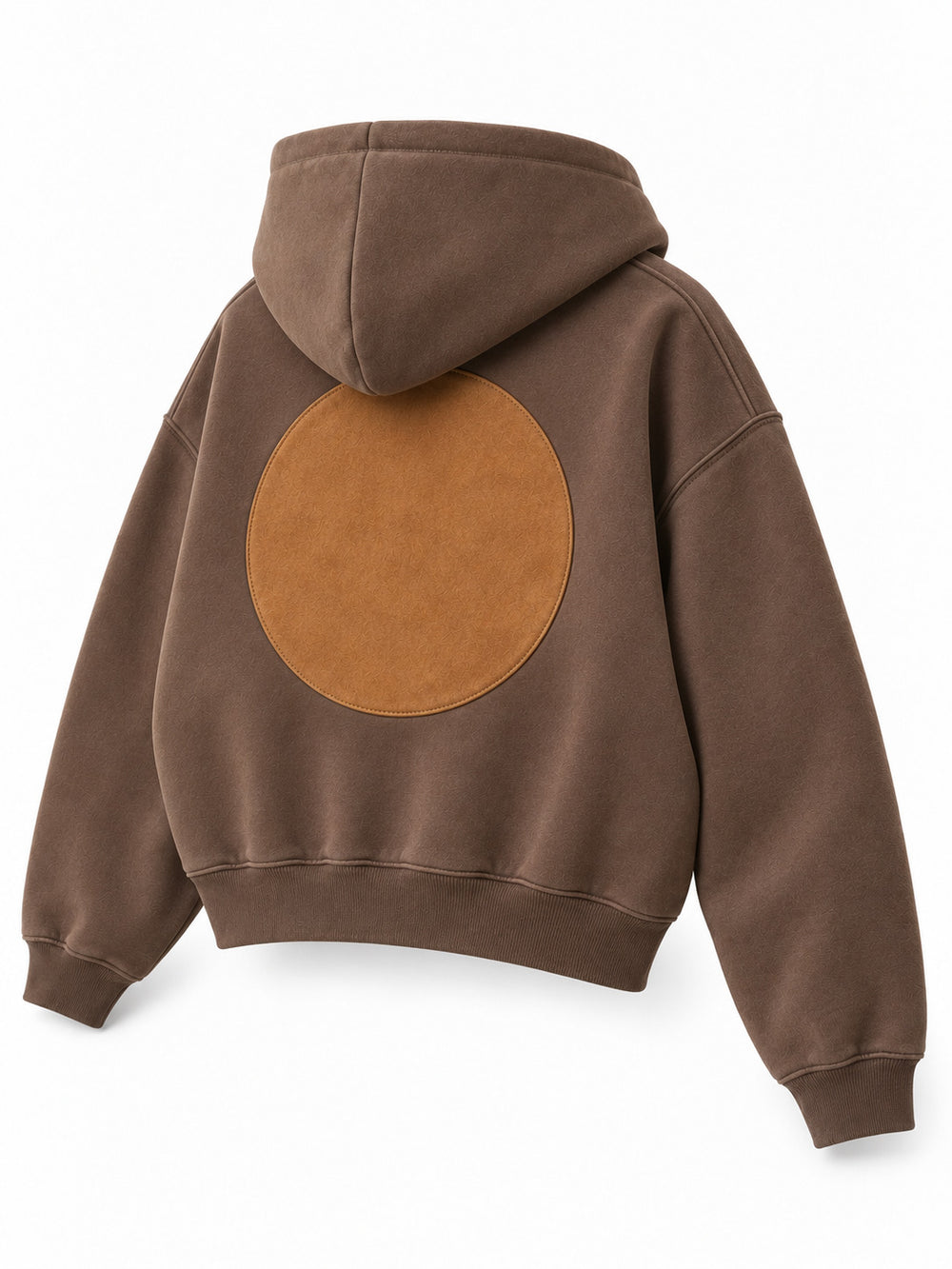 Rear three-quarter view of the Suede Shapes mocha suede-look appliqué oversized hoodie