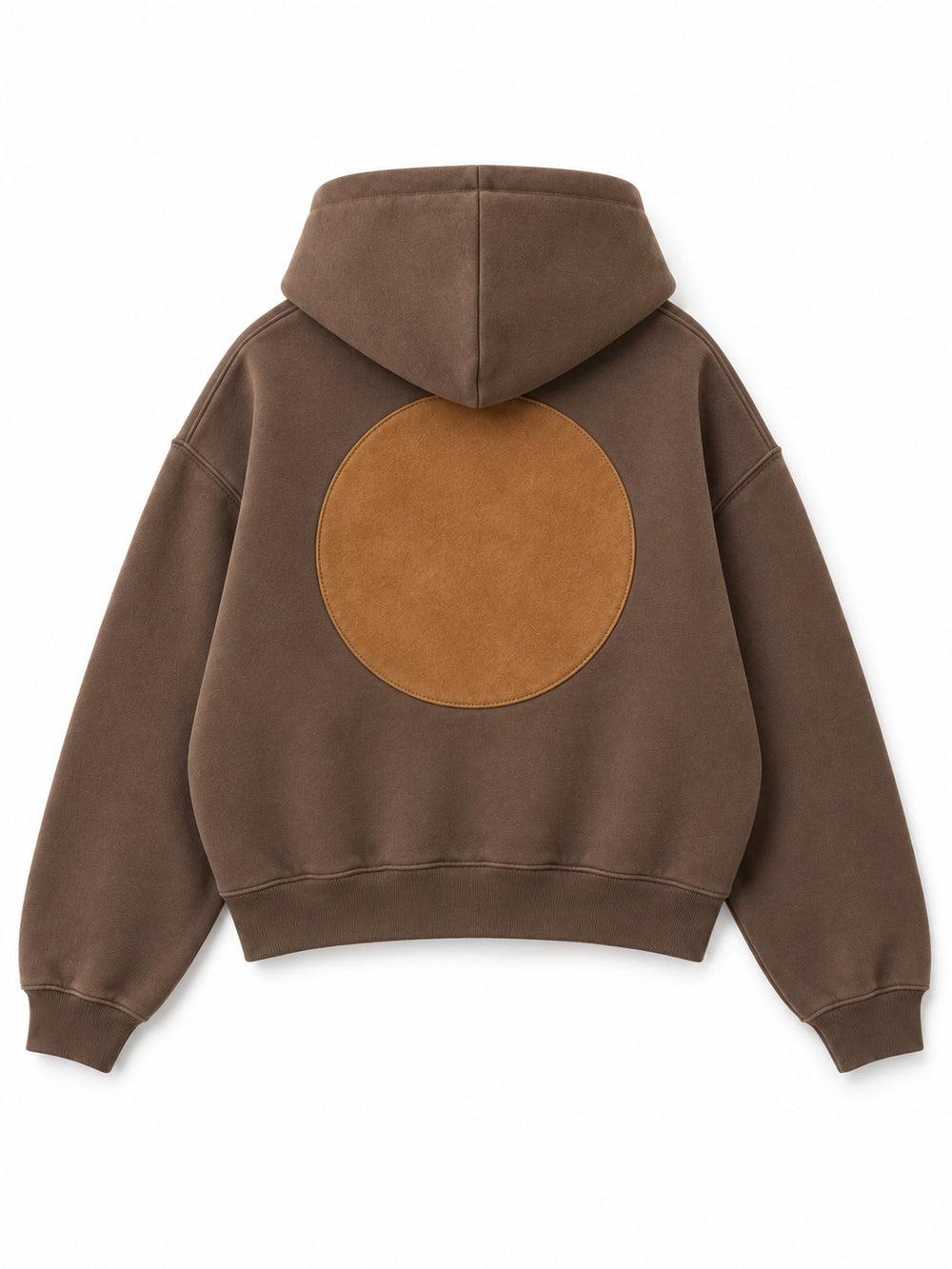 Back view of the Suede Shapes mocha suede-look appliqué oversized hoodie with a large tan circular appliqué