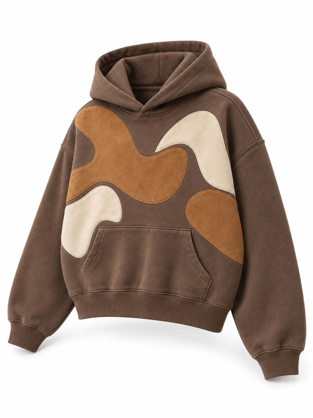 Front three-quarter view of the Suede Shapes mocha suede-look appliqué oversized hoodie