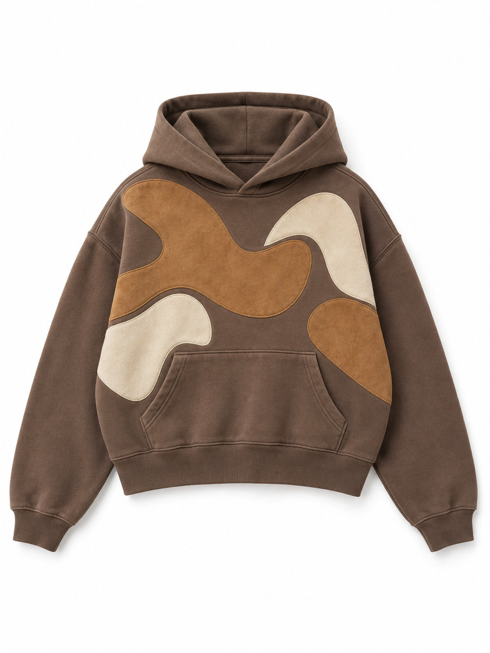 Front view of the Suede Shapes mocha suede-look appliqué oversized hoodie with large tan and cream abstract fabric appliqués