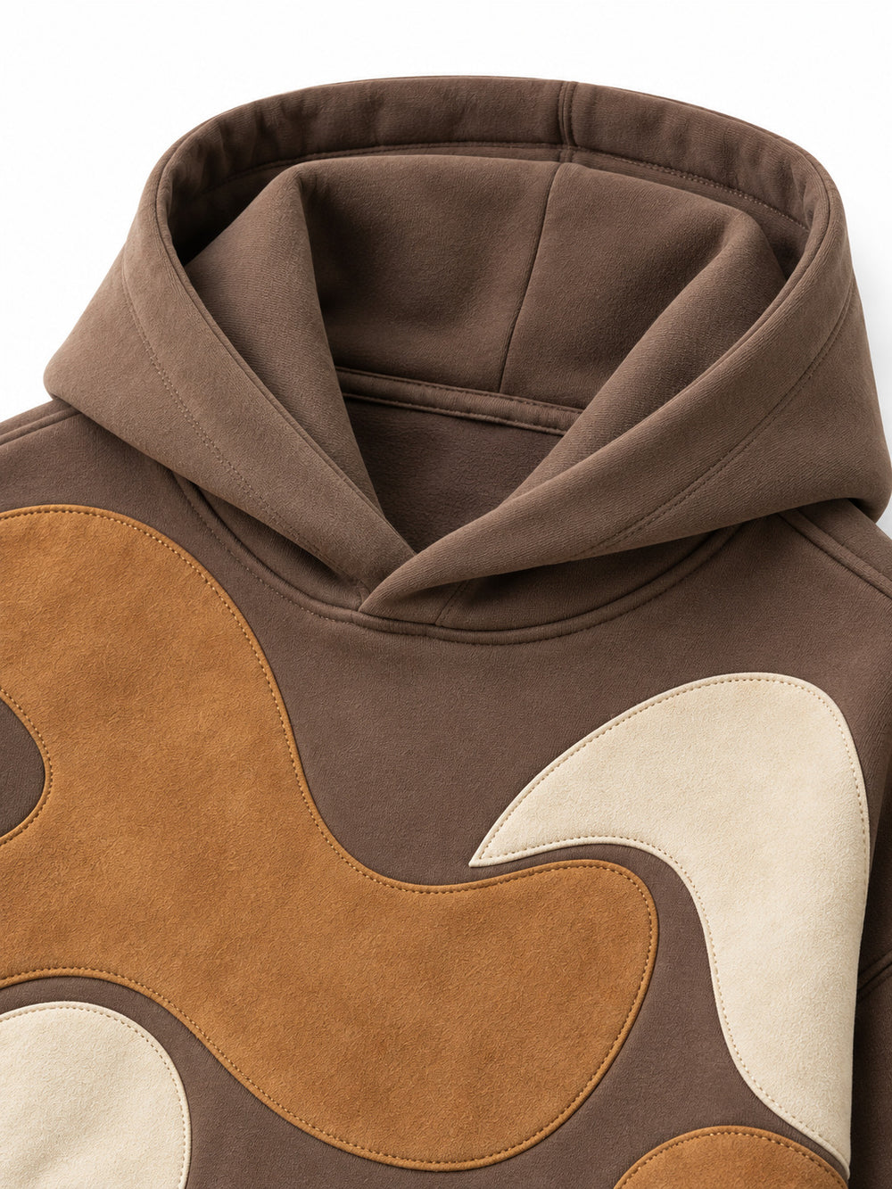 Close-up of the hood and neckline of the Suede Shapes mocha suede-look appliqué oversized hoodie