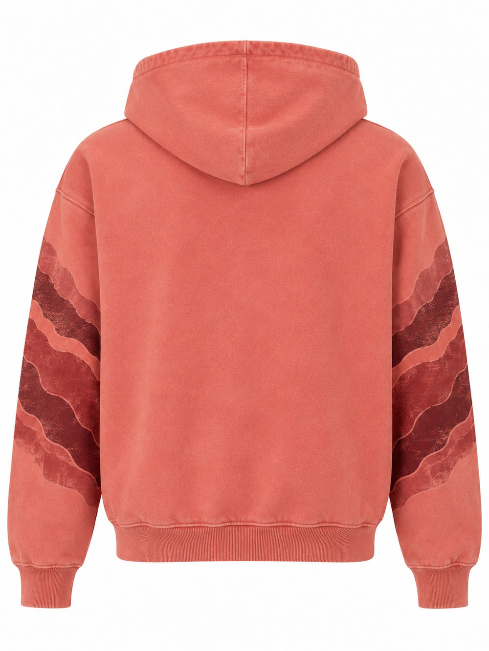 Back view of the Canyon Echo faded coral sun faded boxy zip-up hoodie with plain back; the canyon stripes continue down the sleeve
