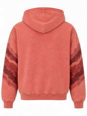 Back view of the Canyon Echo faded coral sun faded boxy zip-up hoodie with plain back; the canyon stripes continue down the sleeve