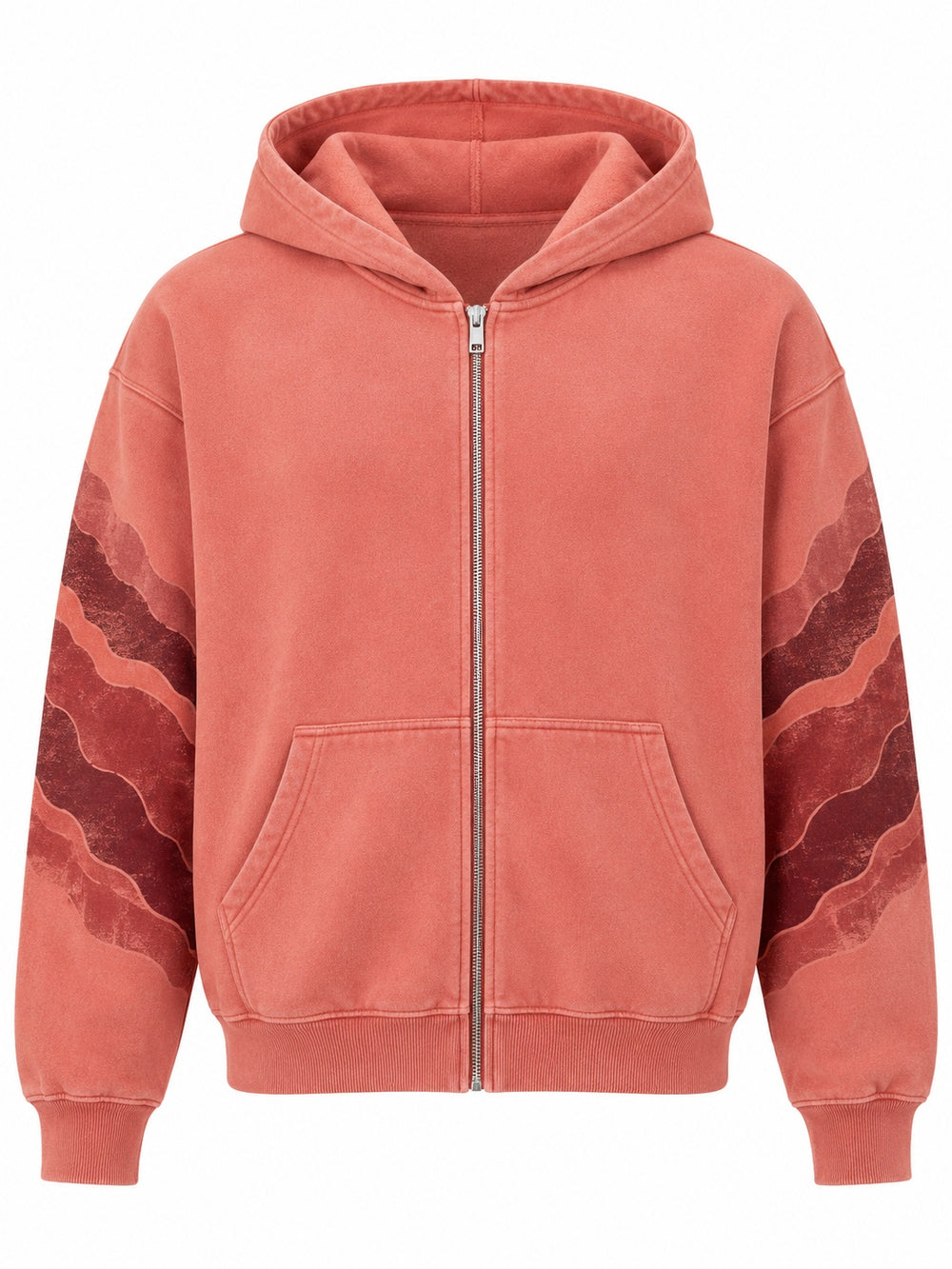 Front view of the Canyon Echo faded coral sun faded boxy zip-up hoodie with layered canyon-stripe print in red and brown tones down one sleeve