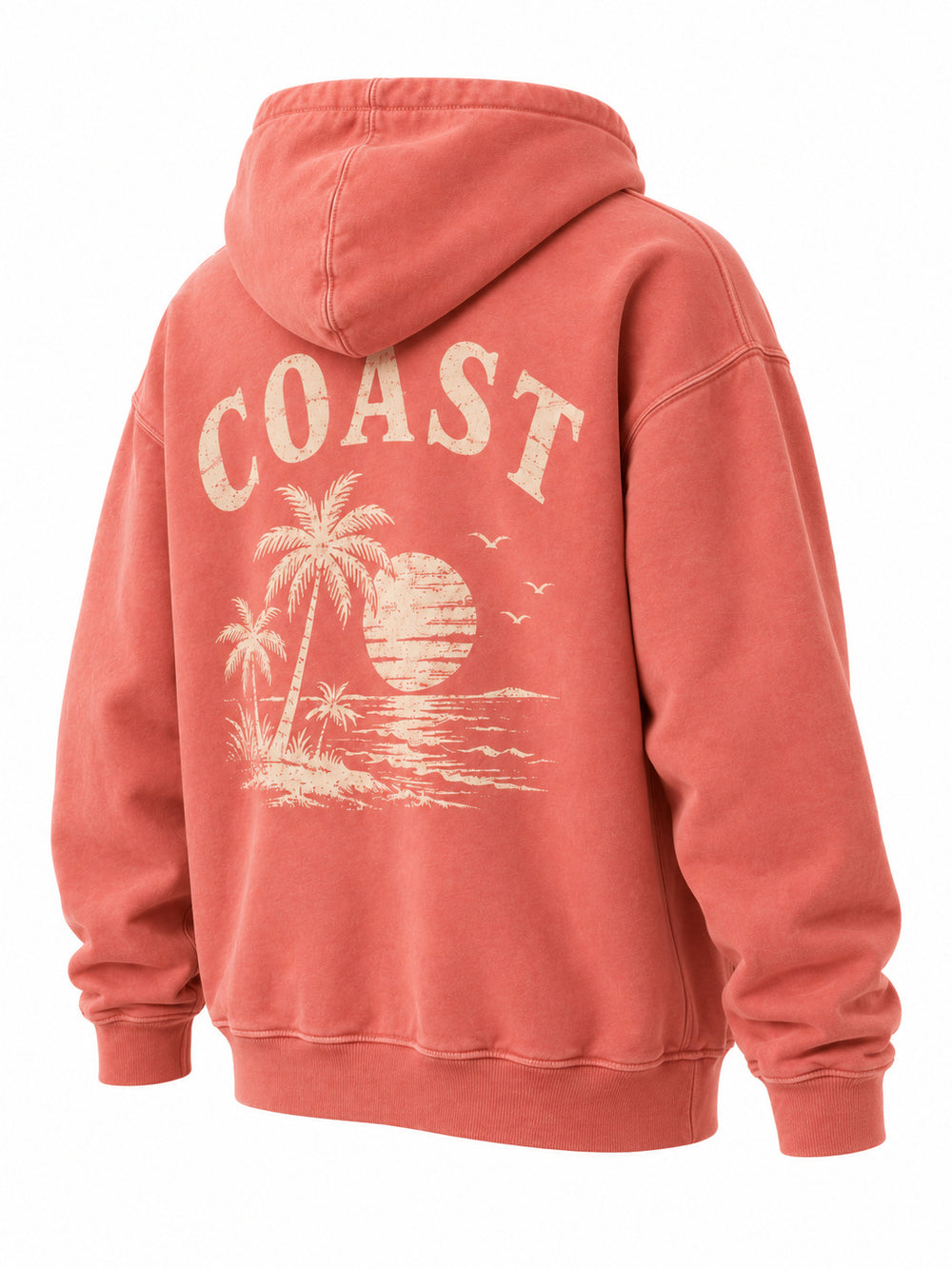 Rear three-quarter view of the Coral Coast coral sun faded hoodie