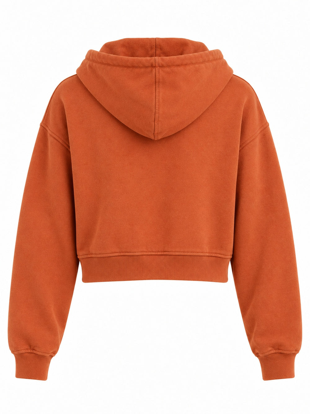 Back view of the Solar Trace burnt orange sun faded cropped half-zip hoodie with plain back