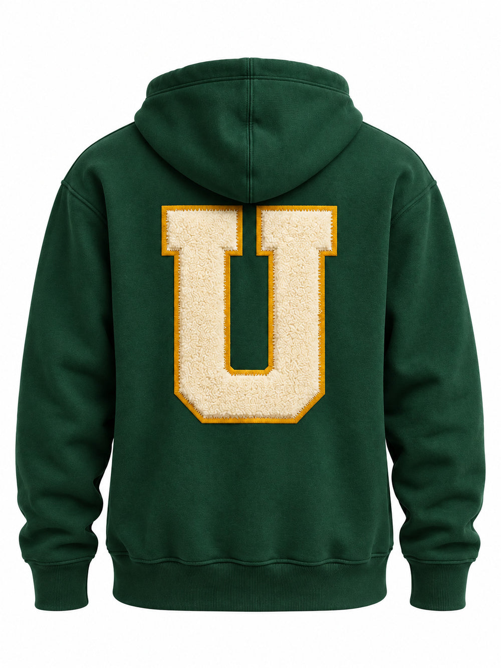 Back view of the Athletic Union forest green twill appliqué hoodie with large matching tackle-twill U below the hood