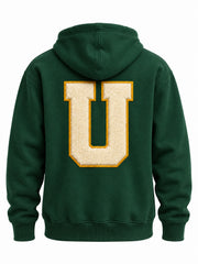 Back view of the Athletic Union forest green twill appliqué hoodie with large matching tackle-twill U below the hood