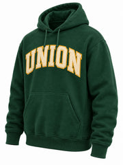 Front three-quarter view of the Athletic Union forest green twill appliqué hoodie