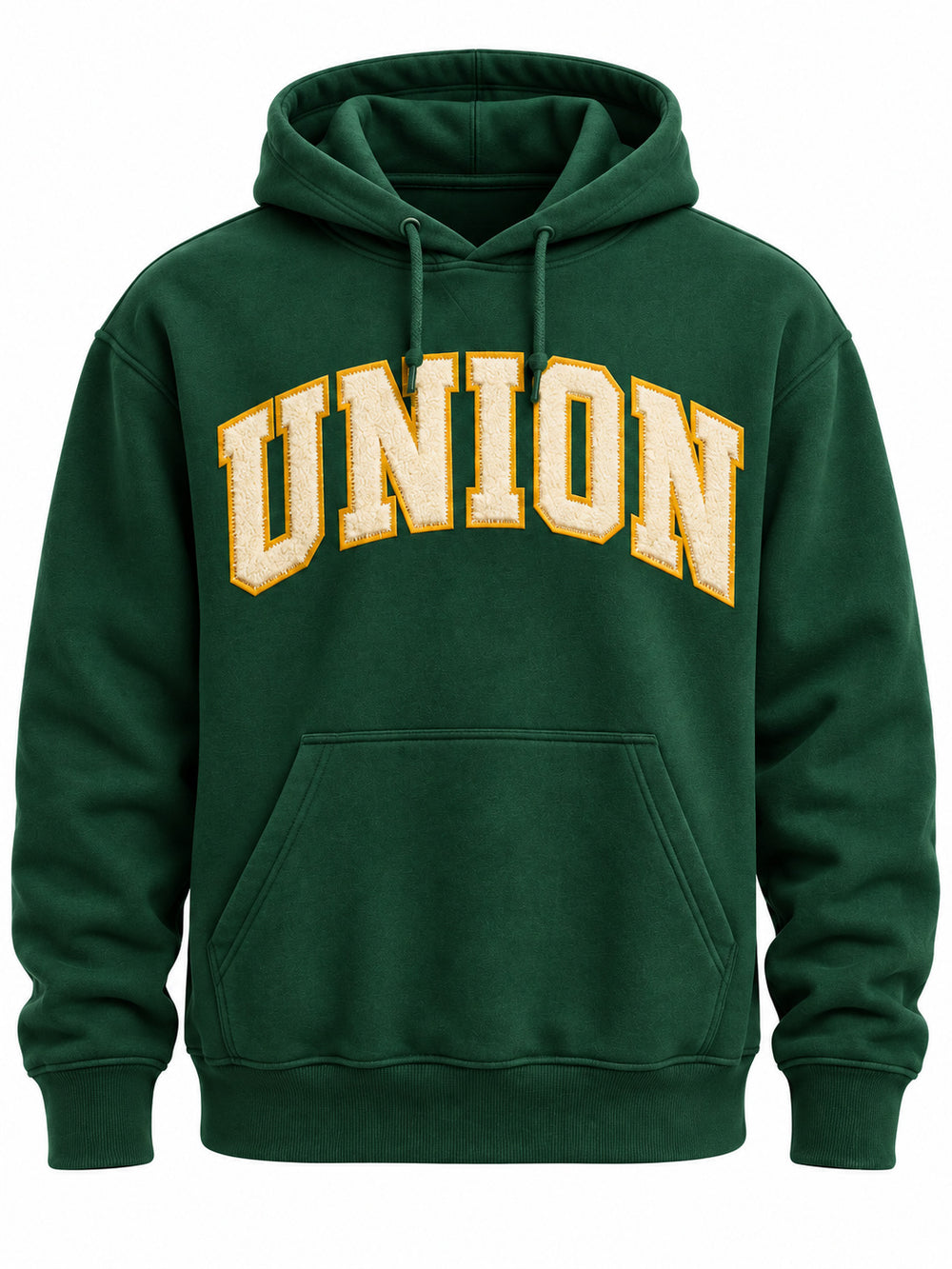 Front view of the Athletic Union forest green twill appliqué hoodie with cream UNION arched tackle-twill letters with mustard zigzag stitching
