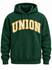 Front view of the Athletic Union forest green twill appliqué hoodie with cream UNION arched tackle-twill letters with mustard zigzag stitching