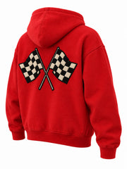 Rear three-quarter view of the Racing Twill red twill appliqué boxy hoodie
