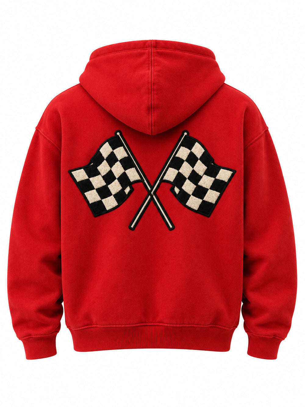 Back view of the Racing Twill red twill appliqué boxy hoodie with black-and-cream racing flag appliqué below the hood