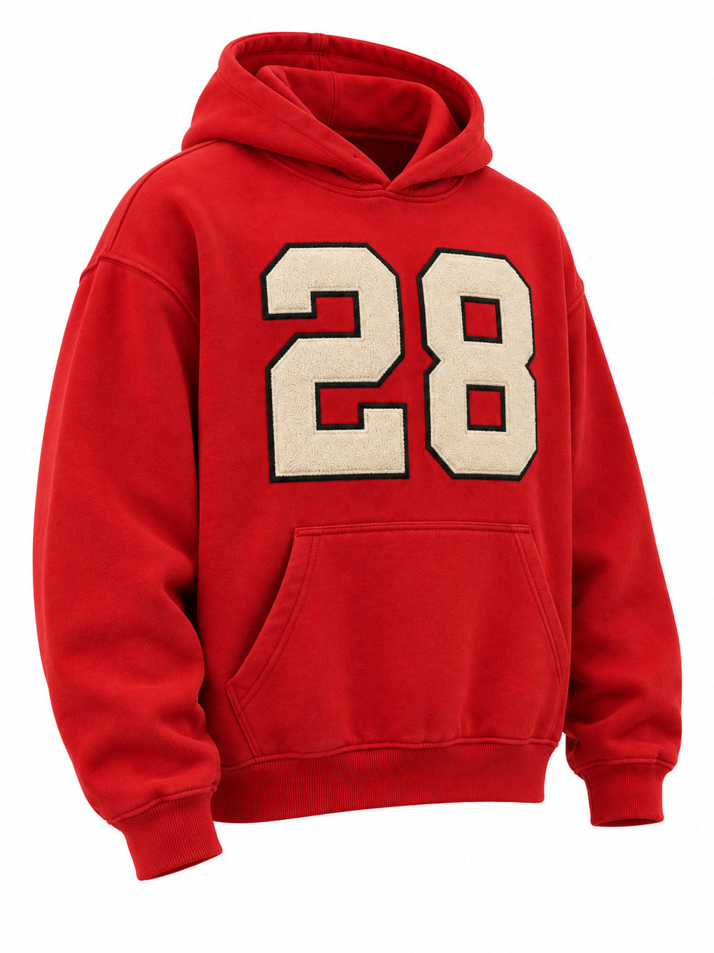 Front three-quarter view of the Racing Twill red twill appliqué boxy hoodie