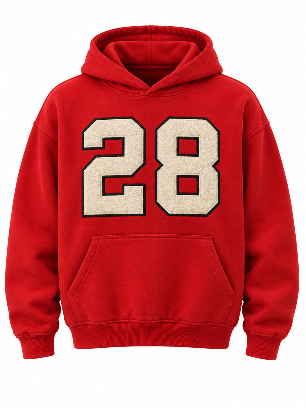 Front view of the Racing Twill red twill appliqué boxy hoodie with large cream 28 tackle-twill numeral with a black stitched outline above the pocket
