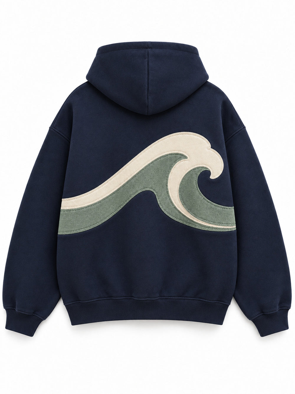 Back view of the Twill Waves navy twill appliqué hoodie with a matching large wave appliqué