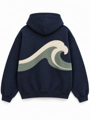 Back view of the Twill Waves navy twill appliqué hoodie with a matching large wave appliqué