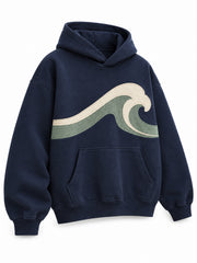 Front three-quarter view of the Twill Waves navy twill appliqué hoodie