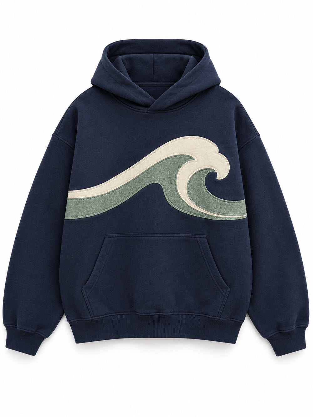 Front view of the Twill Waves navy twill appliqué hoodie with a broad cream and sage twill wave across the chest