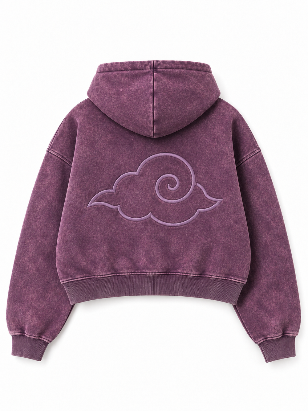Back view of the Cloud Crop plum acid wash cropped hoodie with larger matching embroidered cloud