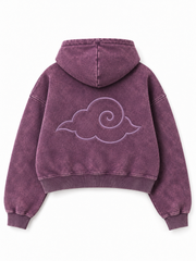 Back view of the Cloud Crop plum acid wash cropped hoodie with larger matching embroidered cloud