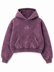 Front view of the Cloud Crop plum acid wash cropped hoodie with small tonal embroidered cloud at the center chest