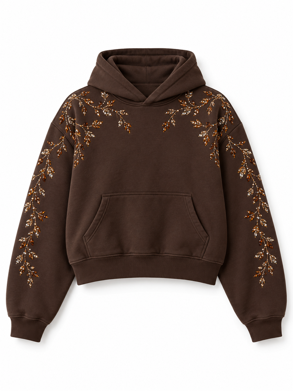 Front view of the Crystal Vine espresso brown rhinestone boxy hoodie with amber rhinestone vines across the shoulders and down the sleeves