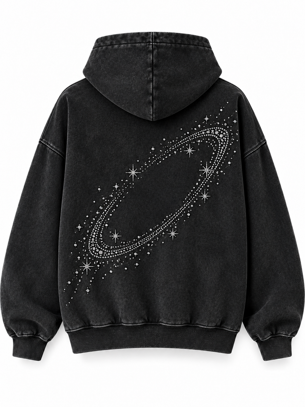 Back view of the Orbit Constellation washed black rhinestone oversized hoodie with large rhinestone orbit with scattered rhinestone stars