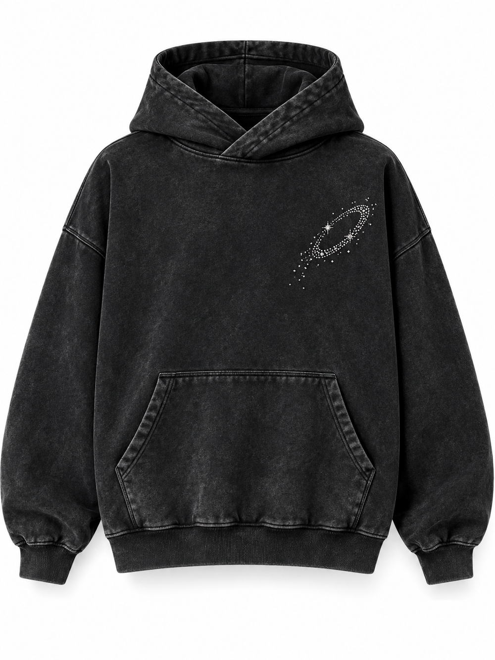 Front view of the Orbit Constellation washed black rhinestone oversized hoodie with small silver-tone rhinestone orbit on the left chest