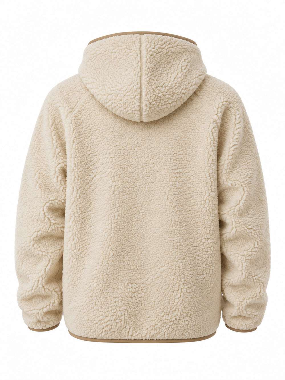 Back view of the Polar Zip cream woven patch zip-up hoodie with plain sherpa back with a tan hood seam