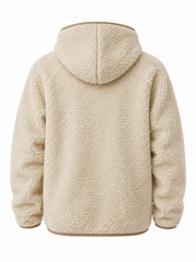 Back view of the Polar Zip cream woven patch zip-up hoodie with plain sherpa back with a tan hood seam