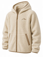 Front three-quarter view of the Polar Zip cream woven patch zip-up hoodie