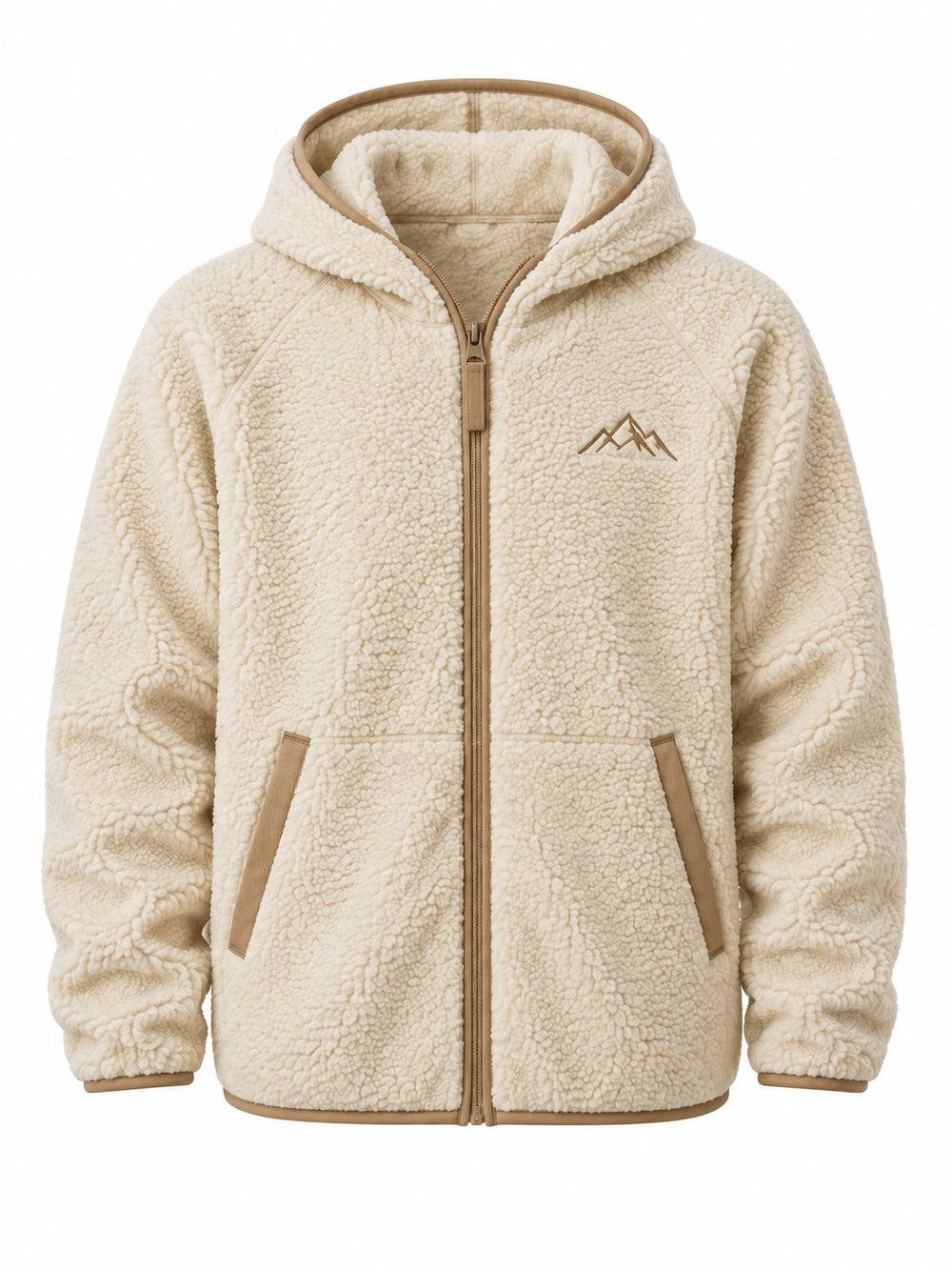 Front view of the Polar Zip cream woven patch zip-up hoodie with small tan woven mountain patch on the left chest