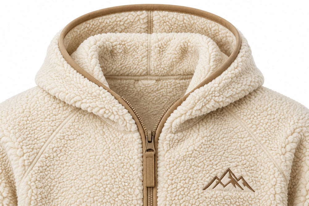 Close-up of the hood and neckline of the Polar Zip cream woven patch zip-up hoodie