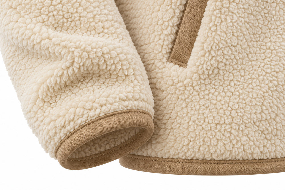 Close-up of the seam stitching of the Polar Zip cream woven patch zip-up hoodie